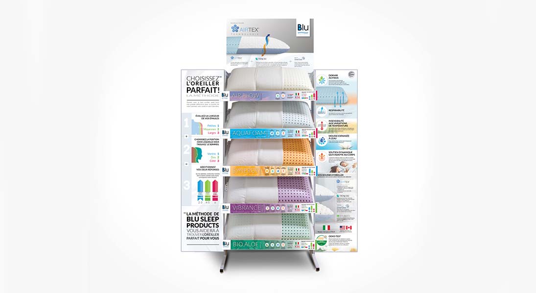 Display shelves Blu sleep products - conception design graphism laval stand kiosk energik